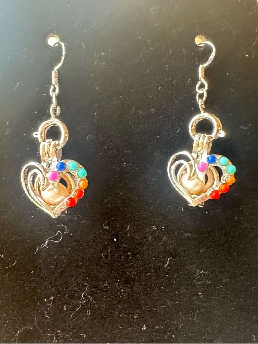 Vintage Silver Caged Heart Drop Earrings Multicolor Accent Stones